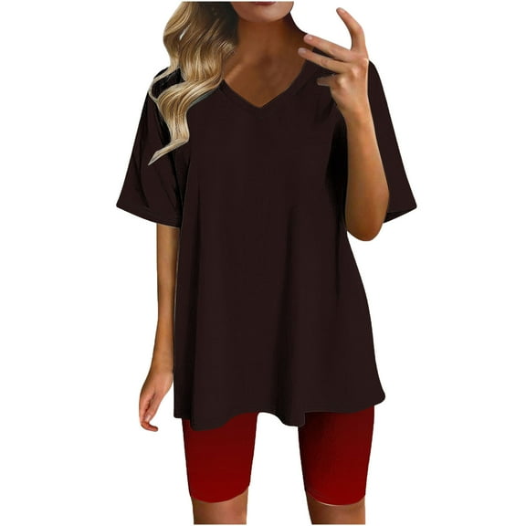 LOVZFMLL Two Piece Sets for Women Oversized V Neck Basic T-Shirt and Biker Shorts Matching Short Sets Summer Casual Outfits Loungewear Coffee XXL