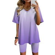 LOVZFMLL Two Piece Sets for Women Oversized V Neck Basic T-Shirt and Biker Shorts Matching Short Sets Summer Casual Outfits Loungewear Purple XXL