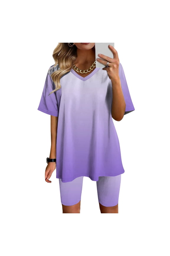Two Piece Sets for Women Oversized V Neck Basic T-Shirt and Biker Shorts Matching Short Sets Summer Casual Outfits Loungewear Purple XXL