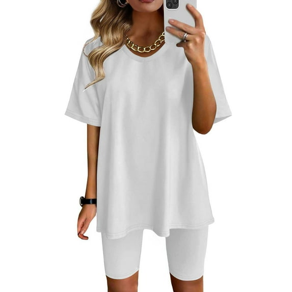 LOVZFMLL Two Piece Sets for Women Oversized V Neck Basic T-Shirt and Biker Shorts Matching Short Sets Summer Casual Outfits Loungewear White B S