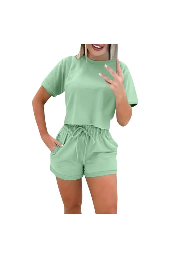 Two Piece Sets for Women Short Sleeve Crop Tops and Shorts Sweatsuit Casual Loose Summer Outfits Lounge Sets Green L