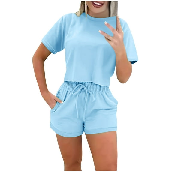 LOVZFMLL Two Piece Sets for Women Short Sleeve Crop Tops and Shorts Sweatsuit Casual Loose Summer Outfits Lounge Sets Light Blue 3XL