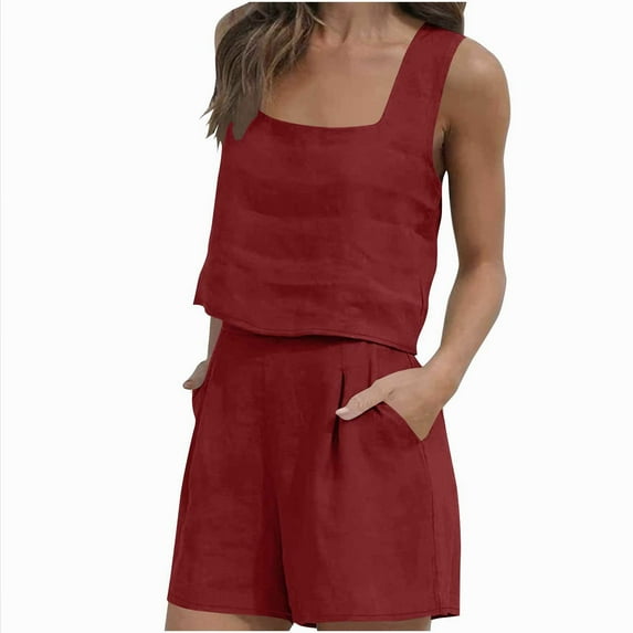 LOVZFMLL Two Piece Sets for Women Square Neck Tank Top and Shorts Matching Sets Summer Casual Lounge Going Out Outfits with Pockets Red L