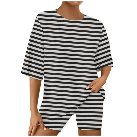 LOVZFMLL Two Piece Sets for Women Striped Basic T-Shirts and Biker Shorts Lounge Matching Sets Summer Casual Going Out Outfits Black S