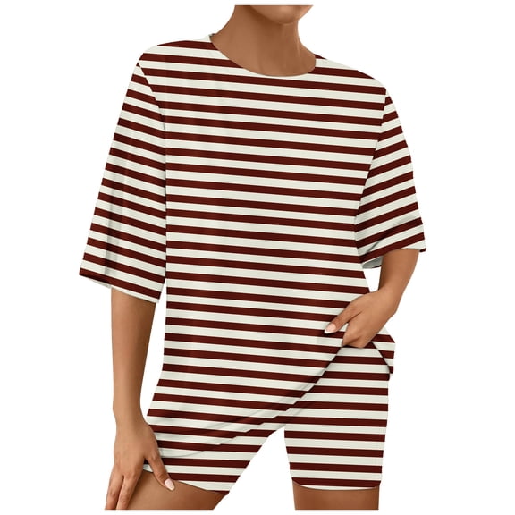 LOVZFMLL Two Piece Sets for Women Striped Basic T-Shirts and Biker Shorts Lounge Matching Sets Summer Casual Going Out Outfits Brown S