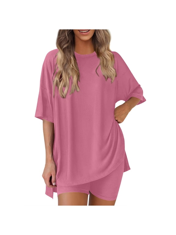 Two Piece Sets for Women Summer Casual Oversized Shirts Biker Shorts Lounge Sets Matching Clothing Going Out Pink L