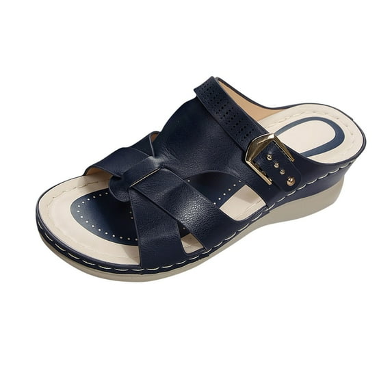 LOVZFMLL Wedge Sandals for Women 2025 Cut Out Cross Straps Slippers Slip On Open Toe Summer Casual Outdoor Beach Vacation Walking Slides Blue 7