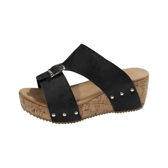 LOVZFMLL Wedge Sandals for Women 2025 Summer Fashion Cut Out Buckle Cork Clogs Casual Outdoor Walking Beach Vacation Chunky Sandals Black 6