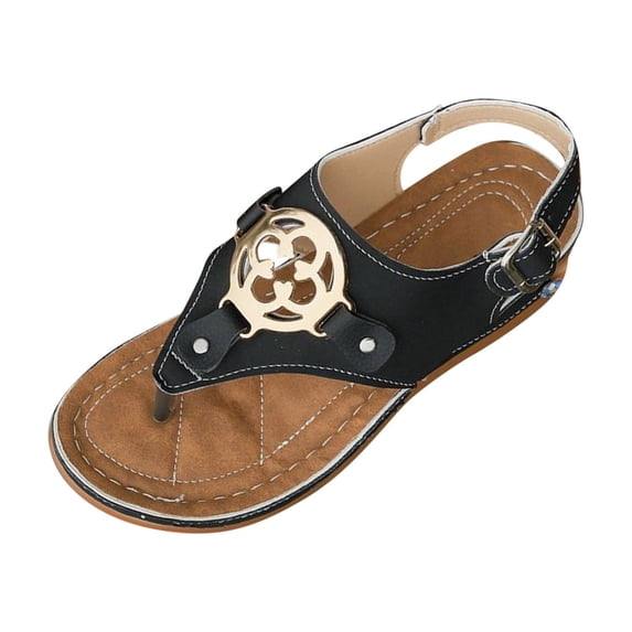 LOVZFMLL Wedge Sandals for Women 2025 Summer Fashion Metal Beach Vacation Flip Flops Thongs Comfort Walking Wedges Black 5.5