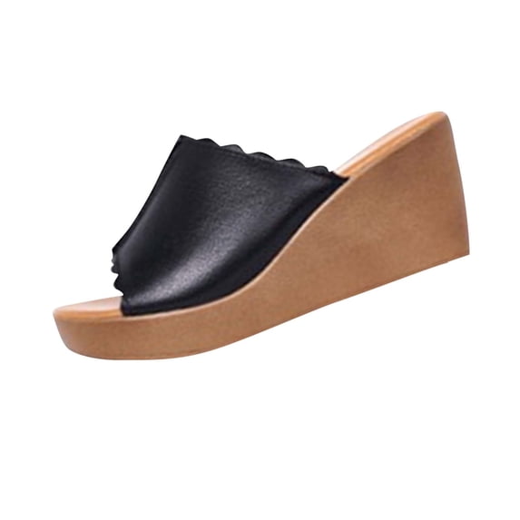 LOVZFMLL Wedge Sandals for Women Chunky High Heels Summer Casual Slip on Open Toe Slides for Outdoor Beach Vocation Black 9