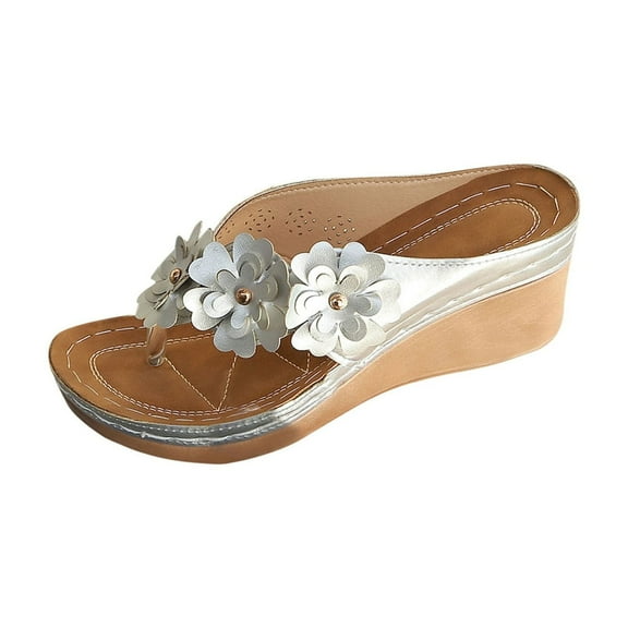 LOVZFMLL Wedge Sandals for Women Summer Chunky Flip Flops Comfortable Casual Dressy Floral Thong Women's Outdoor Footwear Silver 6