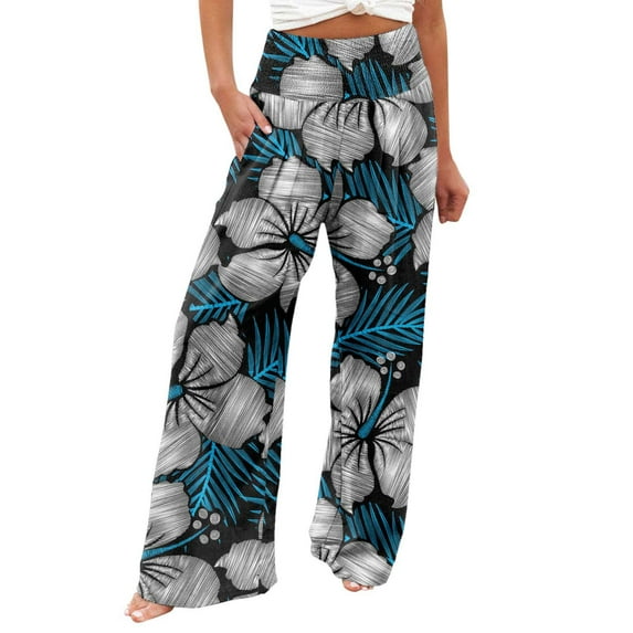 LOVZFMLL Wide Leg Pants for Women Flowy Comfy Floral Palazzo Pants Casual Loose High Elastic Waist Beach Vacation Trousers