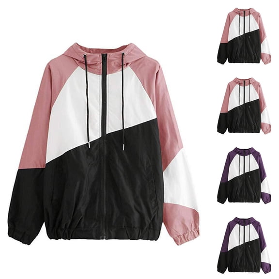 LOVZFMLL Windbreaker Jacket for Women Color Block Zip Up Hooded Coat with Pockets Casual Long Sleeve Outerwear Active Outdoor