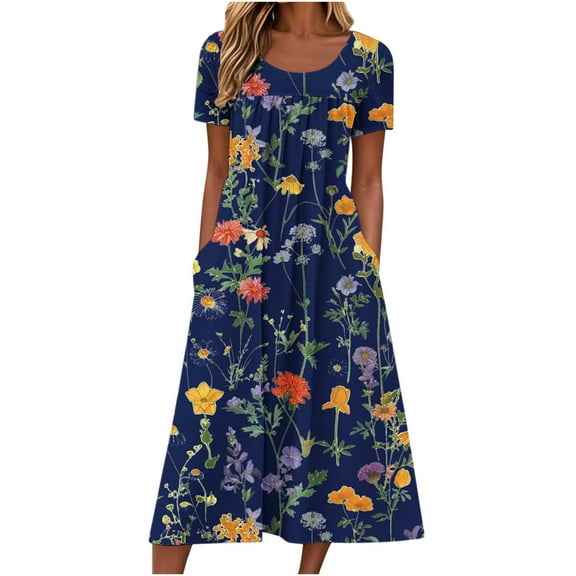 LOVZFMLL Women Summer Casual Dresses Short Sleeve Knee Length T-Shirt Dresses Swing Flowy A-Line Midi Dresses Sundresses with Pockets Navy XL