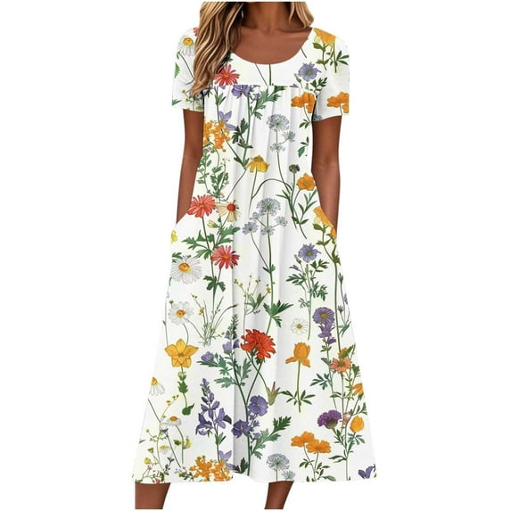 LOVZFMLL Women Summer Casual Dresses Short Sleeve Knee Length T-Shirt Dresses Swing Flowy A-Line Midi Dresses Sundresses with Pockets White L