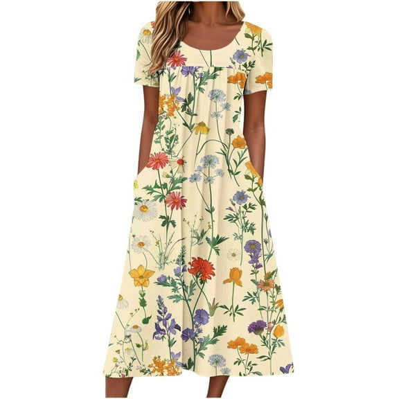 LOVZFMLL Women Summer Casual Dresses Short Sleeve Knee Length T-Shirt Dresses Swing Flowy A-Line Midi Dresses Sundresses with Pockets Yellow XL