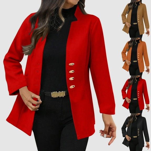 LOVZFMLL Women's Blazer Stand Collar Single Breasted Cropped Jacket with Pockets Winter Trench Coat for Office & Casual Wear