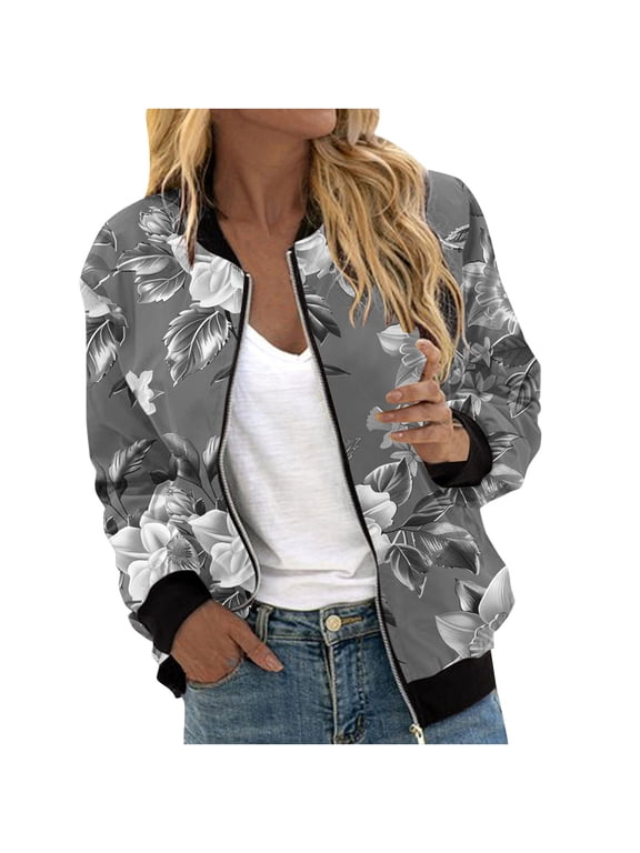 Women's Bomber Jacket Zip Up Windbreaker Casual Spring & Fall Coat with Pockets Floral Long Sleeve Outerwear