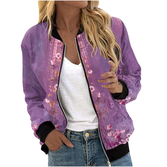 LOVZFMLL Women's Bomber Jacket Zip Up Windbreaker Casual Spring & Fall Coat with Pockets Floral Long Sleeve Outerwear