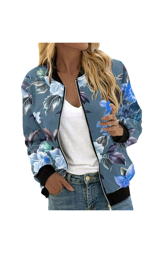 Women's Bomber Jacket Zip Up Windbreaker Casual Spring & Fall Coat with Pockets Floral Long Sleeve Outerwear