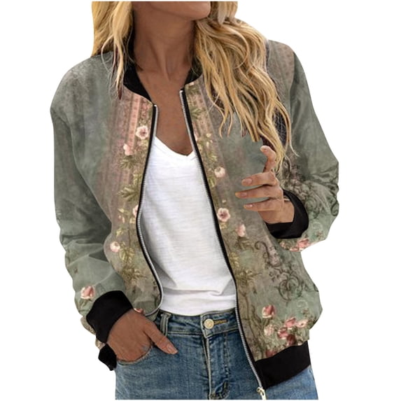 LOVZFMLL Women's Bomber Jacket Zip Up Windbreaker Casual Spring & Fall Coat with Pockets Floral Long Sleeve Outerwear