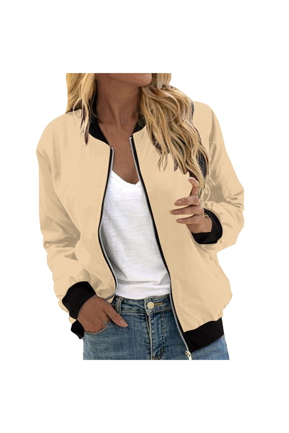 Women's Bomber Jacket Zip Up Windbreaker Casual Spring & Fall Coat with Pockets Solid Long Sleeve Outerwear