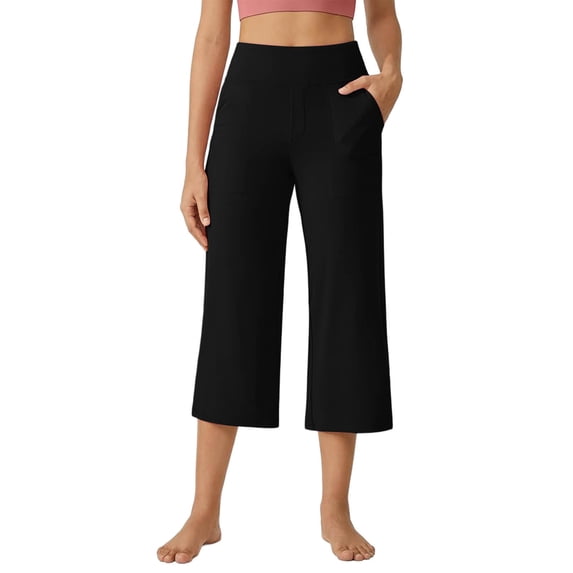 LOVZFMLL Women's Capri Pants with Pockets High Waist Sweatpants Summer Wide Leg Workout Cropped Yoga Pants for Casual Running Gym Black L