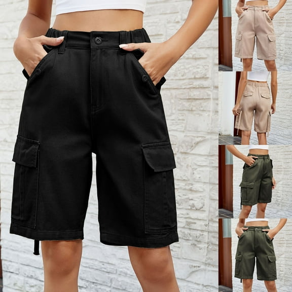 LOVZFMLL Women's Casual Cargo Shorts, Summer Relaxed Fit Straight Leg Shorts Pants for Women, Women's Half Shorts Bermuda Shorts Black S