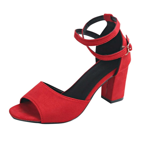 LOVZFMLL Women's Chunky Block Heels Classic Elegant Ladies Ankle Strap Open Toe Pump Sandals Wedding Party Dating Dress Shoes Red 8.5