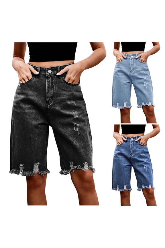 Women's Denim Shorts, Summer Relaxed Fit Cut-off Ripped Jean Shorts for Women, Women's Half Shorts Bermuda Shorts Dark Gray S
