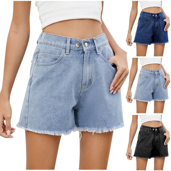 LOVZFMLL Women's Denim Shorts, Summer Relaxed Fit Solid Color Cut-off Jean Shorts for Women with Adjustable Waist with Pockets Light Blue S