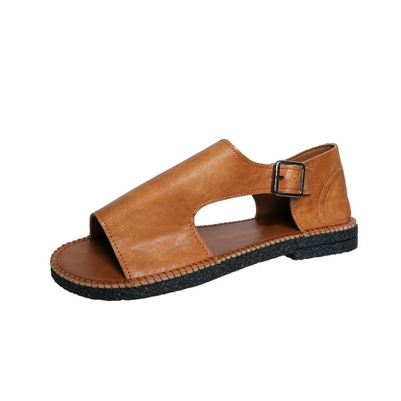 LOVZFMLL Women's Fashion Flat Sandals Leather Open Toe Summer Shoes for Casual Outdoor Walking Travel Beach Vacation Brown 7