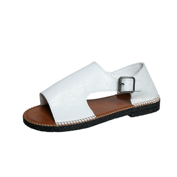 LOVZFMLL Women's Fashion Flat Sandals Leather Open Toe Summer Shoes for Casual Outdoor Walking Travel Beach Vacation White 6