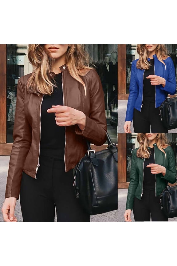 Women's Faux Leather Jacket Zip Up Long Sleeve Motorcycle Biker Jacket Casual Slim Fit Cropped Blazer Coat