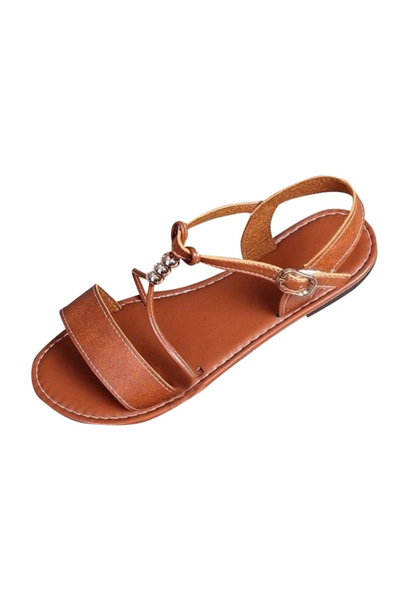Women's Flat Sandals 2025 Summer Casual Fashion Open Toe Ankle Strap Buckle Falts for Outdoor Walking Beach Vacation Brown 5.5