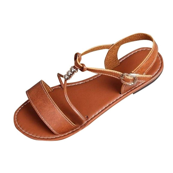LOVZFMLL Women's Flat Sandals 2025 Summer Casual Fashion Open Toe Ankle Strap Buckle Falts for Outdoor Walking Beach Vacation Brown 9.5