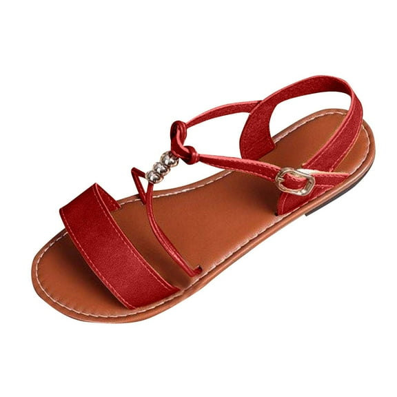 LOVZFMLL Women's Flat Sandals 2025 Summer Casual Fashion Open Toe Ankle Strap Buckle Falts for Outdoor Walking Beach Vacation Red 9.5