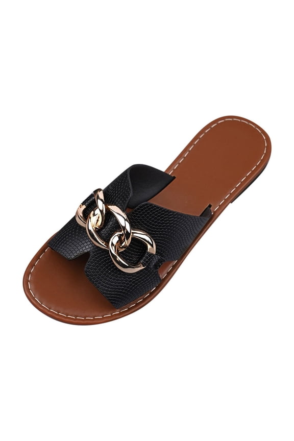 Women's Flat Sandals Open Toe Single Band Slides with Metal Chain Slip On Slippers for Summer Outdoor Daily Wear Black 6.5
