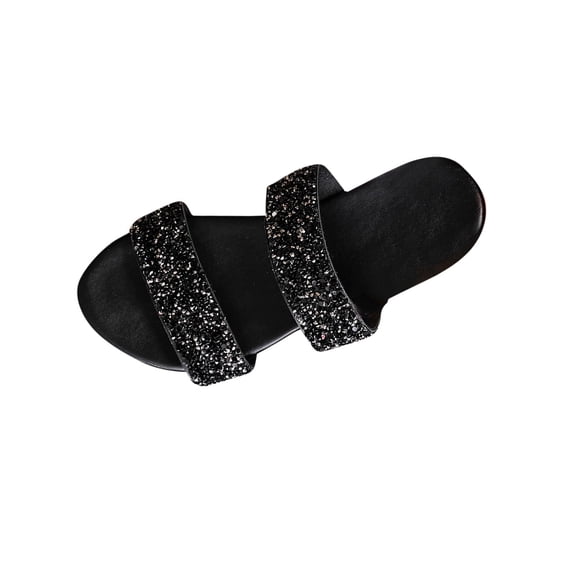 LOVZFMLL Women's Flat Sandals Rhinestone Glitter Slippers Two Band Open Toe Slip On Summer Casual Slides for Outdoor Daily Wear Black 6