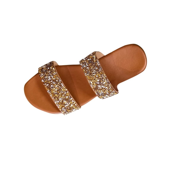 LOVZFMLL Women's Flat Sandals Rhinestone Glitter Slippers Two Band Open Toe Slip On Summer Casual Slides for Outdoor Daily Wear Gold 9