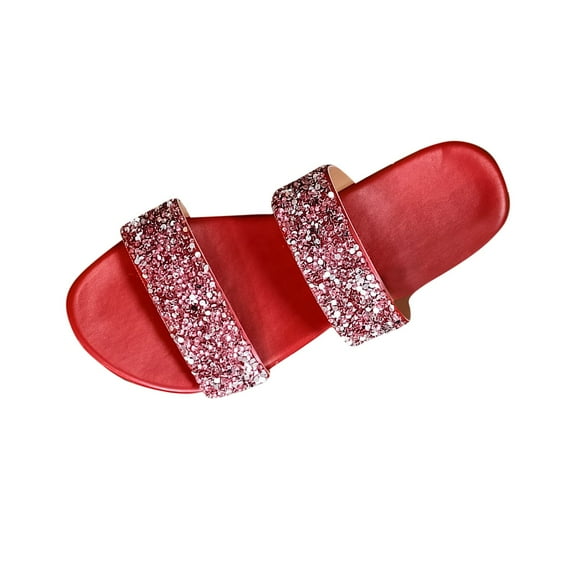 LOVZFMLL Women's Flat Sandals Rhinestone Glitter Slippers Two Band Open Toe Slip On Summer Casual Slides for Outdoor Daily Wear Red 5.5