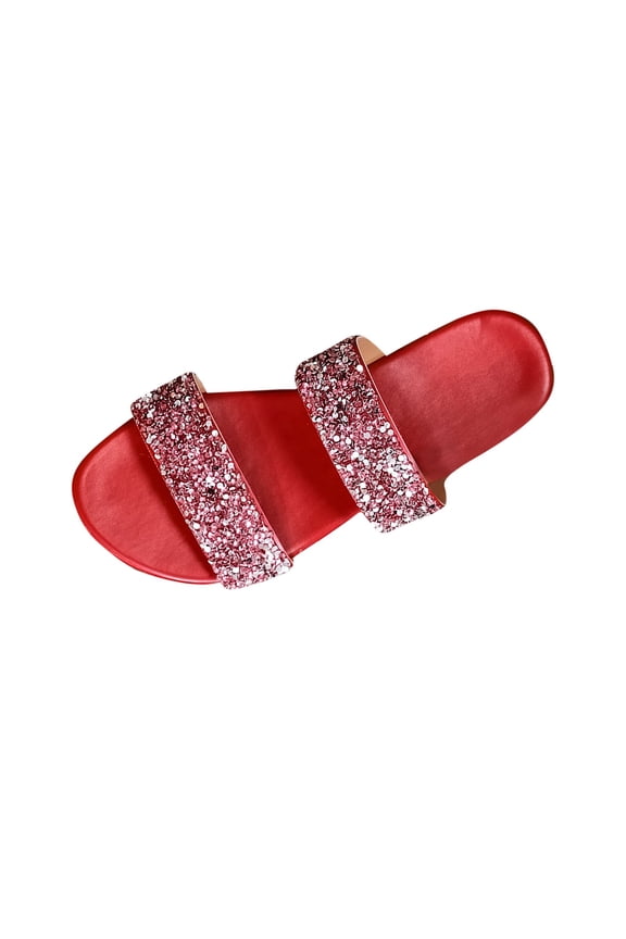 Women's Flat Sandals Rhinestone Glitter Slippers Two Band Open Toe Slip On Summer Casual Slides for Outdoor Daily Wear Red 7.5
