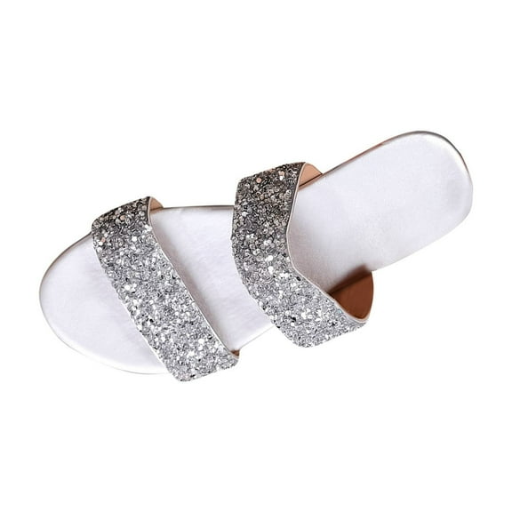 LOVZFMLL Women's Flat Sandals Rhinestone Glitter Slippers Two Band Open Toe Slip On Summer Casual Slides for Outdoor Daily Wear Silver 5.5
