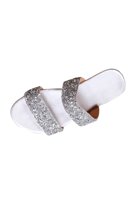 Women's Flat Sandals Rhinestone Glitter Slippers Two Band Open Toe Slip On Summer Casual Slides for Outdoor Daily Wear Silver 8.5