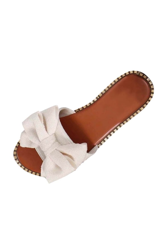Women's Flat Sandals Summer Casual Bow Knot Round Toe Slippers for Beach Walking Slides Outdoor Open Toe Slip On Beige 7