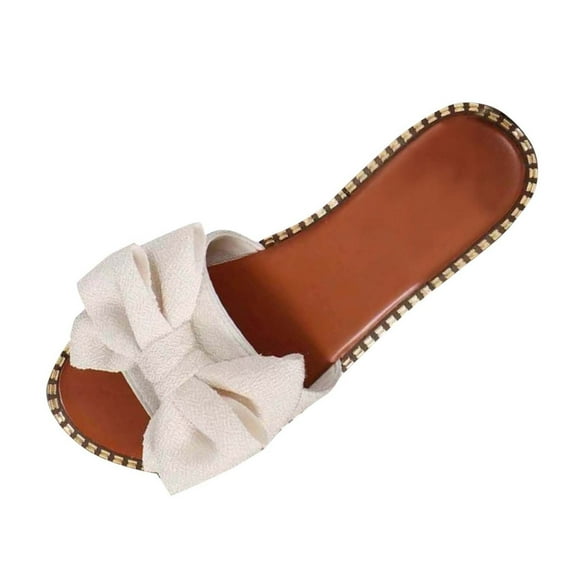 LOVZFMLL Women's Flat Sandals Summer Casual Bow Knot Round Toe Slippers for Beach Walking Slides Outdoor Open Toe Slip On Beige 9