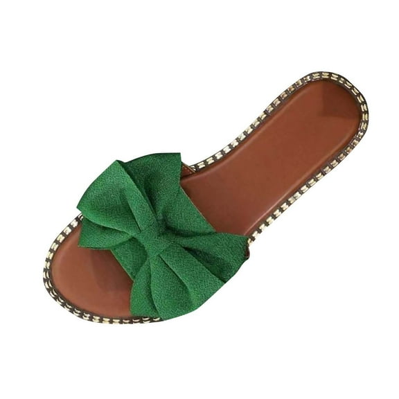 LOVZFMLL Women's Flat Sandals Summer Casual Bow Knot Round Toe Slippers for Beach Walking Slides Outdoor Open Toe Slip On Green 9