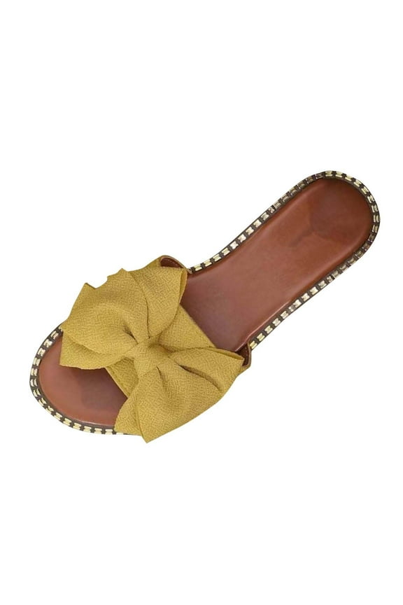 Women's Flat Sandals Summer Casual Bow Knot Round Toe Slippers for Beach Walking Slides Outdoor Open Toe Slip On Yellow 5.5