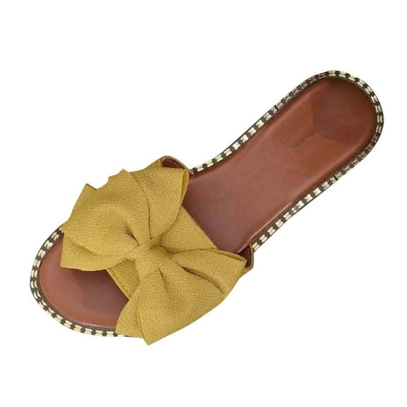LOVZFMLL Women's Flat Sandals Summer Casual Bow Knot Round Toe Slippers for Beach Walking Slides Outdoor Open Toe Slip On Yellow 8.5