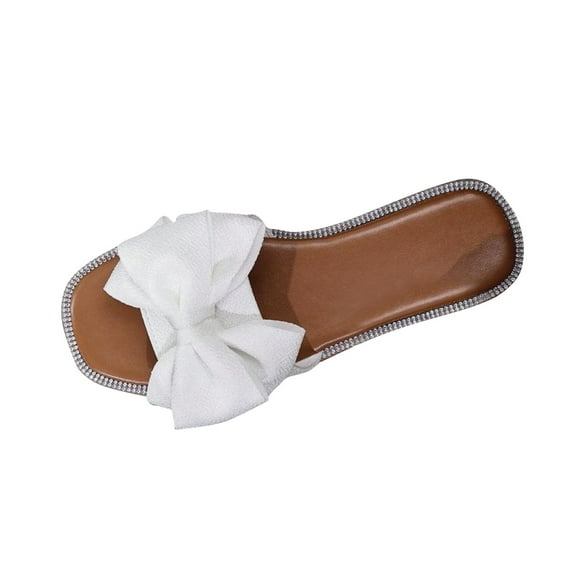 LOVZFMLL Women's Flat Sandals Summer Casual Bow Knot Square Toe Slippers for Beach Walking Slides Outdoor Open Toe Slip On White 6
